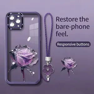 Purple rose phone case with built-in camera lens protector,for iPhone 17 16 15 14 13 12 11 ProMax Pro Plus paired with a four-leaf clover lanyard 995