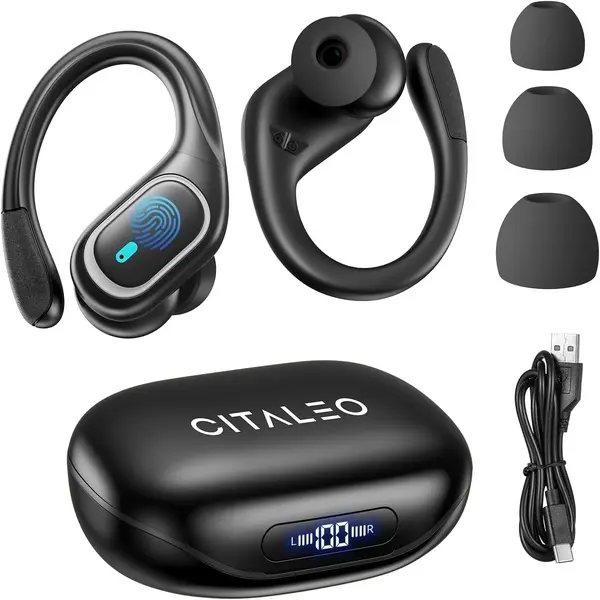T16 Open-Ear Bluetooth Earbuds with Audios Support - Chargeable Headset, Bluetooth 5.4, Type-C Jack, 70H Playtime, IPX7 Waterproof, Noise Cancellation, Charging Case for Sport, Calls
