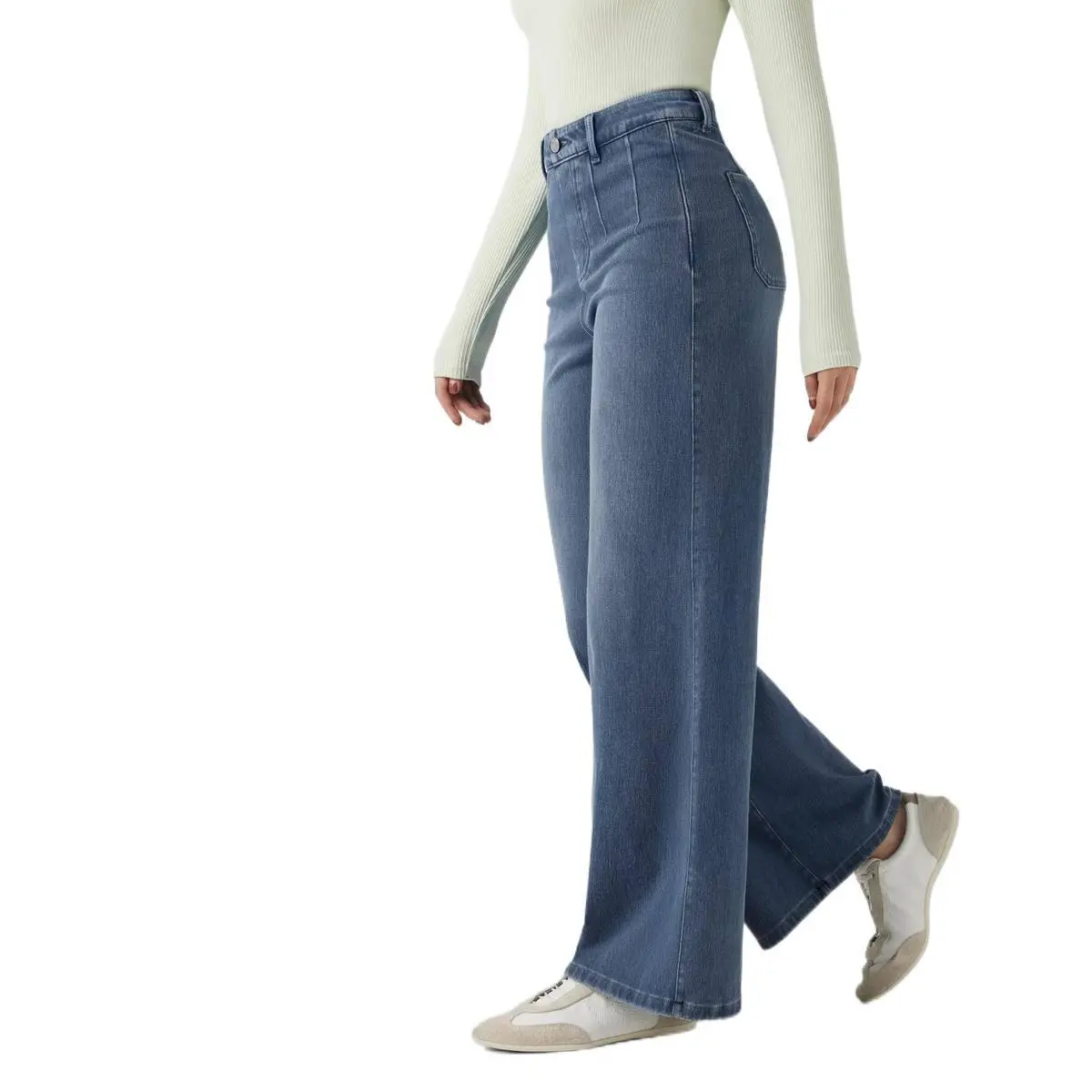 Women's Mid-Waist Ultra Baggy Wide Leg Jeans - Tummy Control, Stretch Denim Fabric, Pockets, Elastic Fit, Casual Streetwear Style Bottoms, Comfortable, Polyester