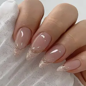 10-piece fake nails Nude Gold Foil French Press-On Nails, Luxury Office Style, Long Stiletto Elegant Design, Daily Exquisite Style