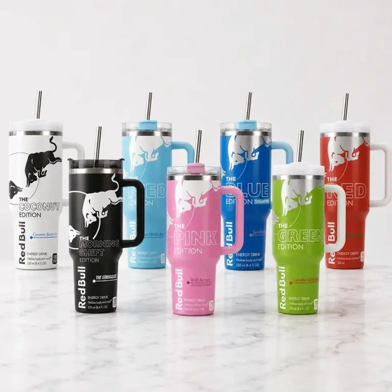 Red Bull Full Edition 40oz Stainless Steel Tumbler With Handle and Straw, Double Wall Vacuum Insulated Travel Mug