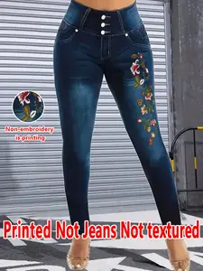 Women's Imitation Denim Slim Skinny Pants, Denim Print Design, Stylish Comfortable Fit for Everyday Wear Womenswear