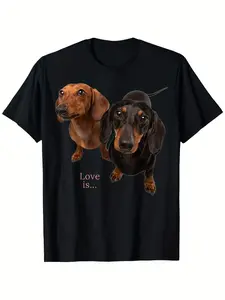 Dachshund Love "Cute Dog Print T-Shirt -  Cotton, Short Sleeve T-Shirt, Suitable for All Seasons, Machine Washable - Sizes S to Xxl, Vienna, Mom & Dad Men'S Spring/Summer Off-Shoulder T-Shirt