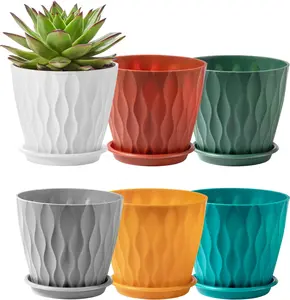 6-Pack 6-Inch Plastic  Pots with Saucers | Thickened PP Material, Modern Wave Texture, Enhanced Drainage for Indoor/Outdoor Garden  | Multicolor Value Set