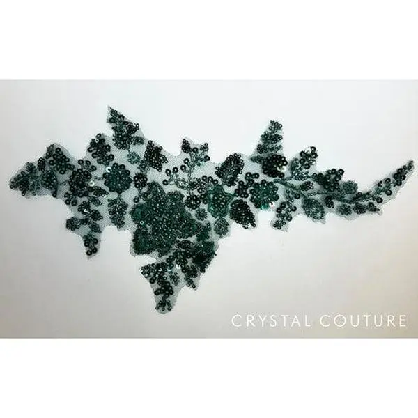 Dark Green Embroidered Beaded Floral Applique with Sequins