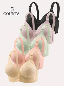 5PCS Front Button Gathered Wireless Underwear Ladies Lace Comfortable Breathable Adjustable Shoulder Strap Bra