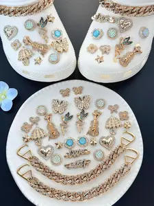 Gold Shiny Rhinestone Butterfly Violin Angel Girl Clog Charms Set with Full Diamond Chain – Trendy Footwear Shoe Decorations for Women Summer Style