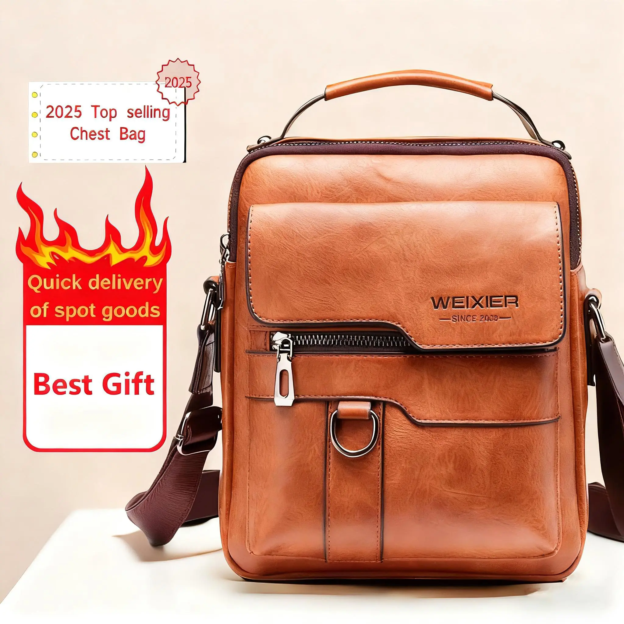 Vintage PU Leather Crossbody Bag for Men, Classic High-Capacity Messenger Satchel with Top Handle and Magnetic Snap for Business Work