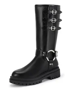 IDIFU Buckle Boots Knee High Riding Boots Womens Riding Boots for Bigger Calves Soft Warm and Comfortable Lining All-match Round Toe Shoes for Daily Wear Winter Fall