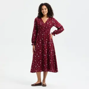 Women's Balloon Long Sleeve Smocked Bodice Midi Dress - Universal Thread Red Floral S
