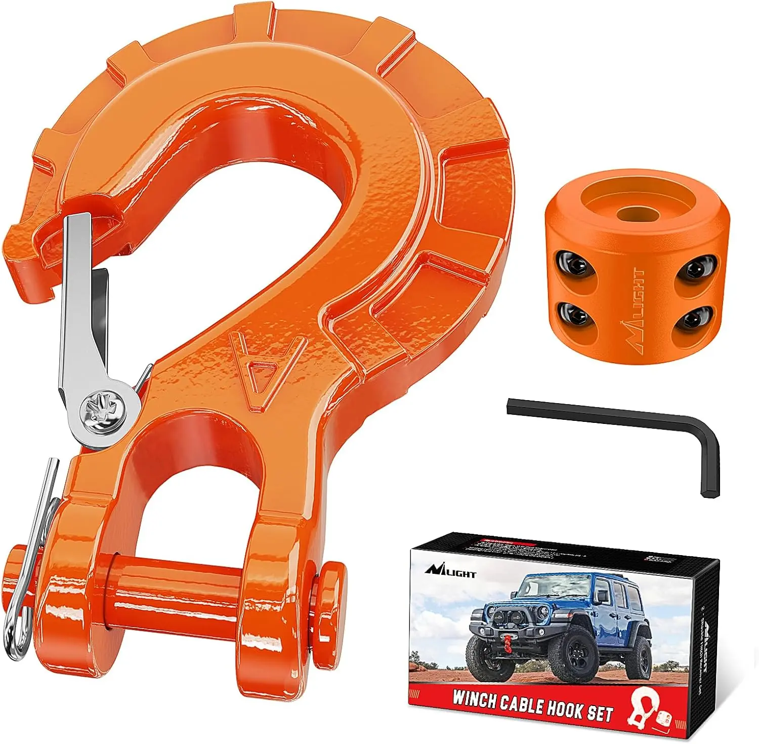 Nilight Forged Steel Winch Strap Hook Set - 3/8" Grade 70 Safety Latch Clevis Slip Hook, 35000 lbs Max Load, Cable Stopper, Allen Wrench Included for Trucks, Vehicles, Escape Tools & Car Accessories with Lifetime Best Customer Service
