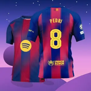 25 26 Home Red And Blue 8# Pedri Short Sleeve Soccer Jersey Fans Version 9
