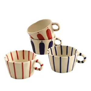 Handmade Retro Blue Fine Striped Ceramic Round Mug - 1 Pack Kitchen Drinkware, Coffee Cup for Home Breakfast, Latte Multi-Use Container, Blue Fine Stripes