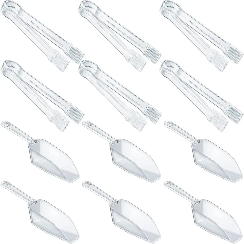 12 Pcs Plastic Serving Tongs and Kitchen Scoops-Mini Kitchen Tongs, Clear Ice Scoop, Buffet Scoop for Candy, Dessert, Ice, Snack, Coffee, Tea