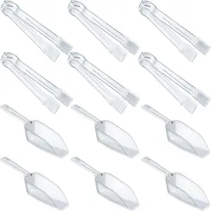 12 Pcs Plastic Serving Tongs and Kitchen Scoops-Mini Kitchen Tongs, Clear Ice Scoop, Buffet Scoop for Candy, Dessert, Ice, Snack, Coffee, Tea