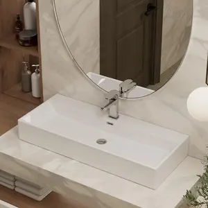 39" Large Bathroom Vessel Sink, Los Flexi Rectangular Trough Sink with Overflow, Premium Glossy White Ceramic, Above-Counter & Wall-Mount Installation, Includes Pop-Up Drain & Wall Mount Kit