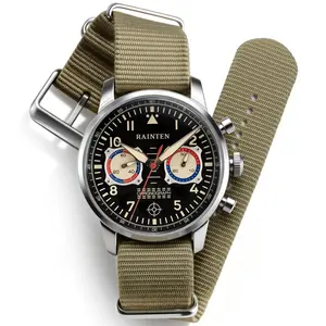 RAINTEN Chronograph Watch, Mechanical Watch for Men, Case 40mm, Seagull St19 | Stainless Steel with Genuine Leather Strap and Sapphire Crystal, Nylon Strap, Gifts- R9032, R9031B