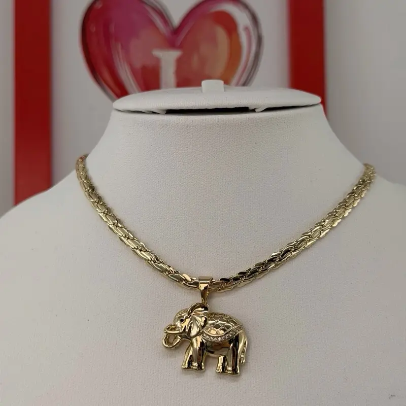 (C13)  4K Gold Plated Elephant Pendant with Rhinestone Design for Women with 22in Chain