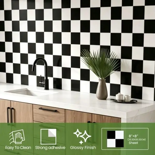 8x8 in Peel-Stick Glossy Black & White Seamless Fit PVC Backsplash Tile, Self-Adhesive Wall Tile for Kitchen, Bathroom