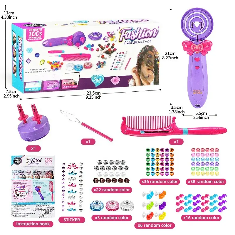 3-Weaving Pattern Automatic Hair Braider Set with Beads, Rope & Sparkling Stickers | Purple Hairstyling Kit, Batteries Not Included, Ideal for Normal and Relaxed-Textured Hair, Hair Beads for Braiding and Decorating, Hair Styling Tools and