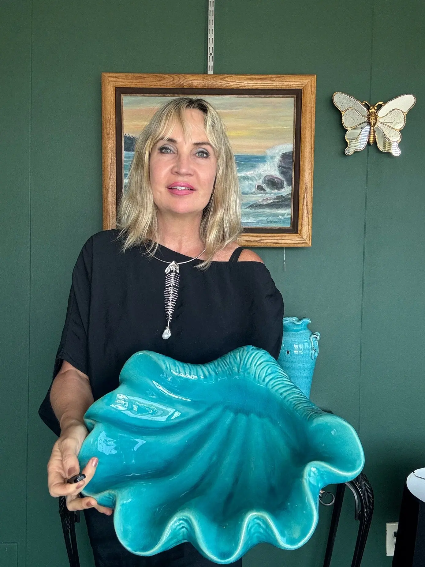 Large Turquoise Ceramic Shell Bowl – Sculptural Coastal Centerpiece 16"x14"
