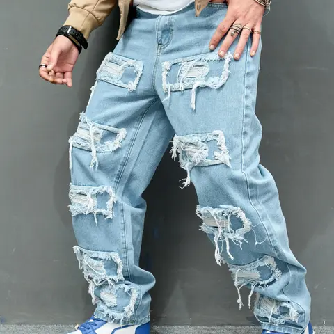 Men's Ripped Jeans, Jeans Distressed, Cuffed Jean, Loose Casual Comfy Fit Pants, Denim Trousers for Daily Wear, Fashion Men's Bottoms for All Seasons
