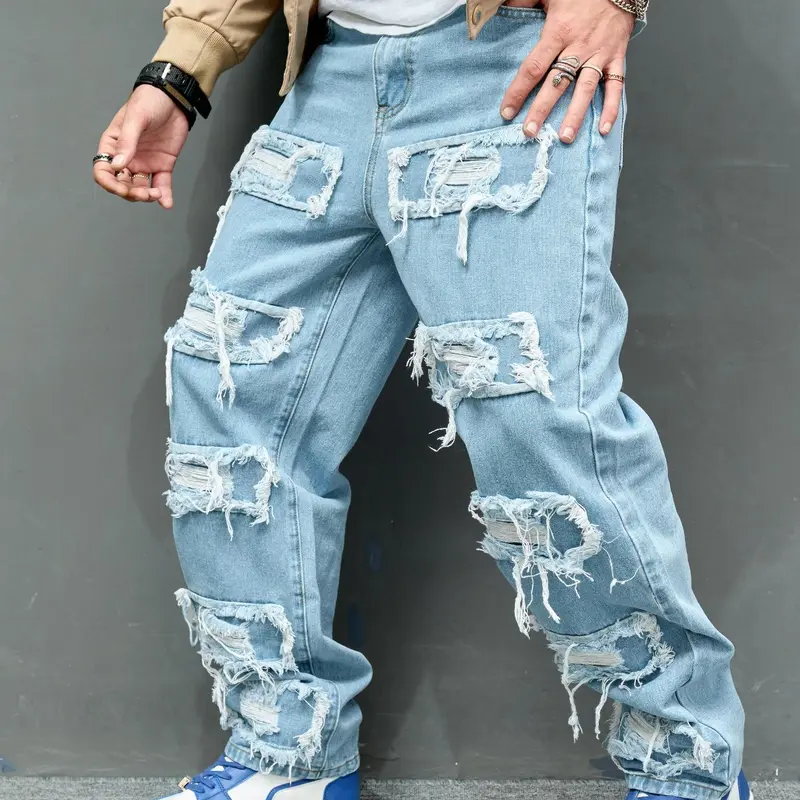 Men's Ripped Jeans, Jeans Distressed, Cuffed Jean, Loose Casual Comfy Fit Pants, Denim Trousers for Daily Wear, Fashion Men's Bottoms for All Seasons
