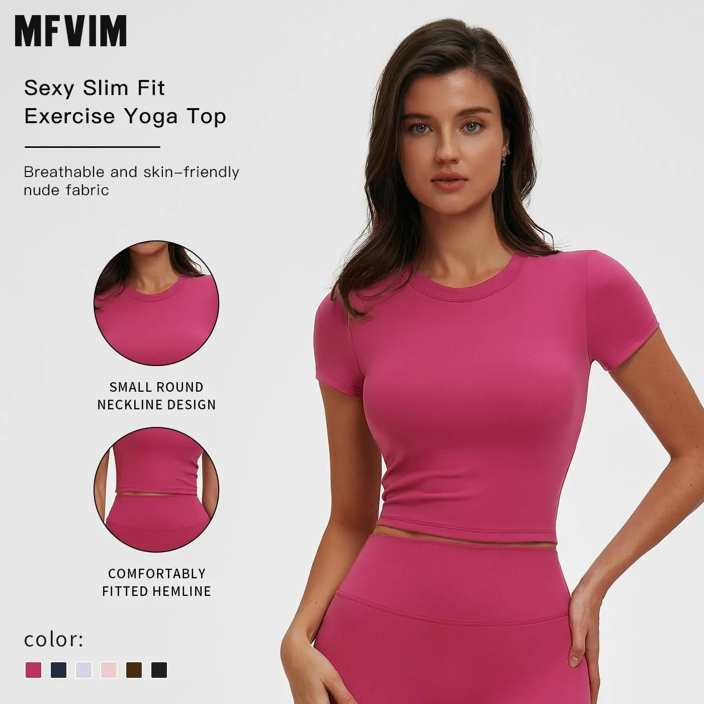 MFVIM Women's High Stretch Sporty Plain Round Neck Crop Sports Tee - Tight-Fitting Short Sleeve Gym Performance Top, Gym Yoga Outfit, Gymswear for Summer High Performance Activewear, Short Sleeve Tops
