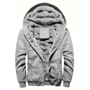 Men'S Hooded Fleece-Lined Sweatshirt, Polyester Sports Style, Solid Color, Long Sleeve, Regular Fit, Slight Stretch Knit Fabric, with Full Zip, for Winter Warm Jacket