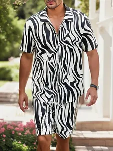 zebra print men's two-piece outfit, casual turn-down collar buttoned short-sleeve shirt and drawstring shorts set suitable for summer, men's casual vacation resort clothing for Hawaiian, Tropical vacation, stylish men's suit, perfect summer gift, Menswear