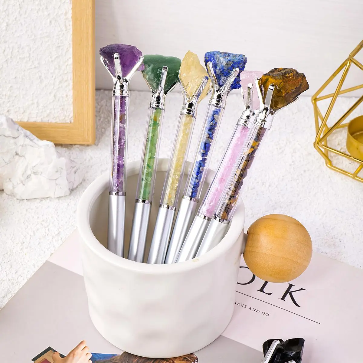Random Color Natural Healing Amethyst Cylindrical Pen, 1 Count Ballpoint Pen, Smooth Writing Pens, Student Stationery, Office Business Gifts