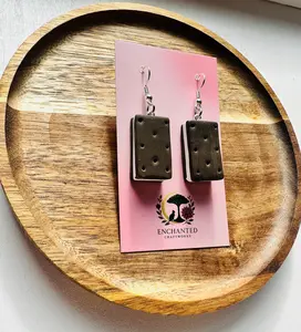 Enchanted Craftworks Midnight Crumble Dangles Polymer Clay Earrings Handcrafted Chocolatey Rectangular Design Hypoallergenic Stainless Steel Hook