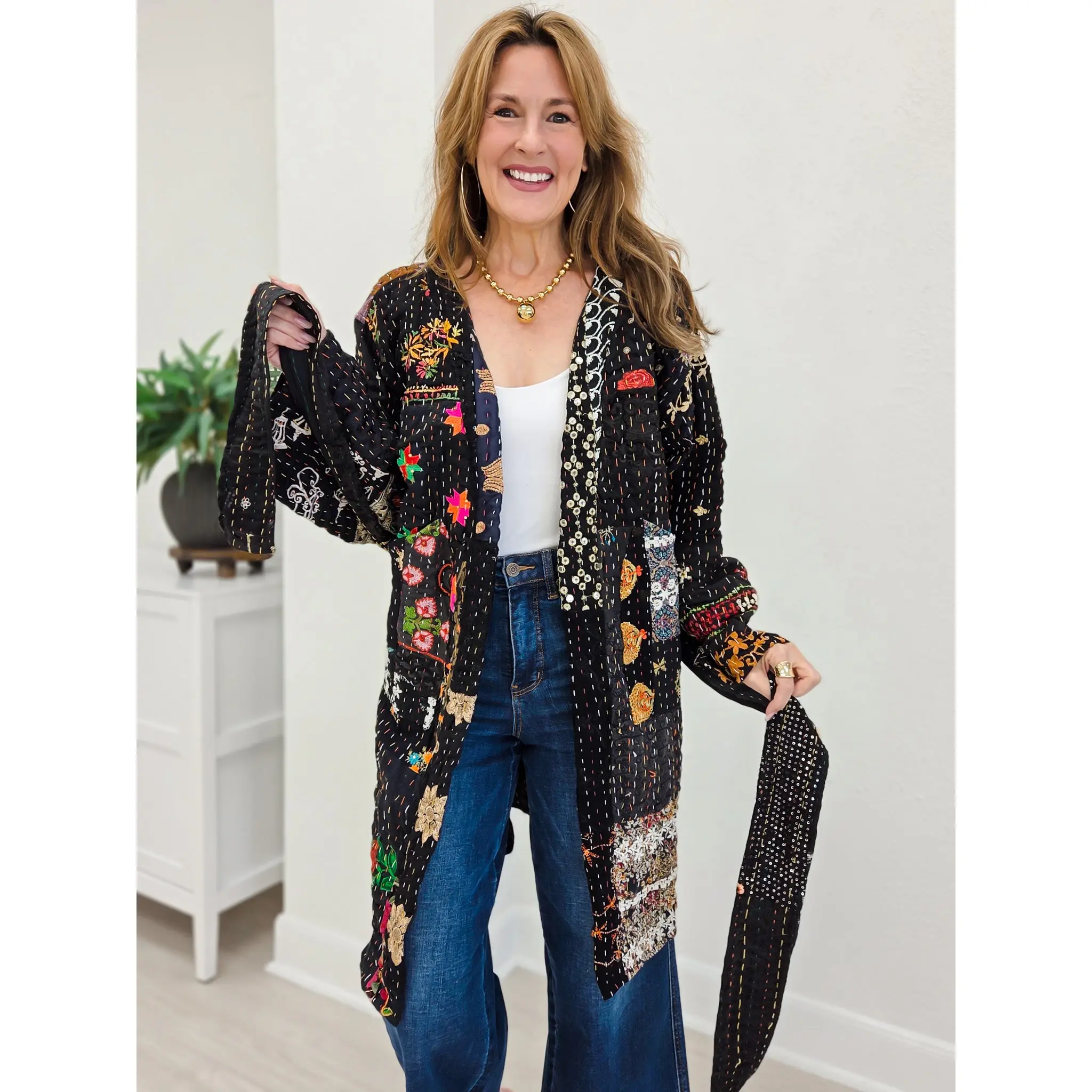Handcrafted Stitch Waistband Woven Kimono Top