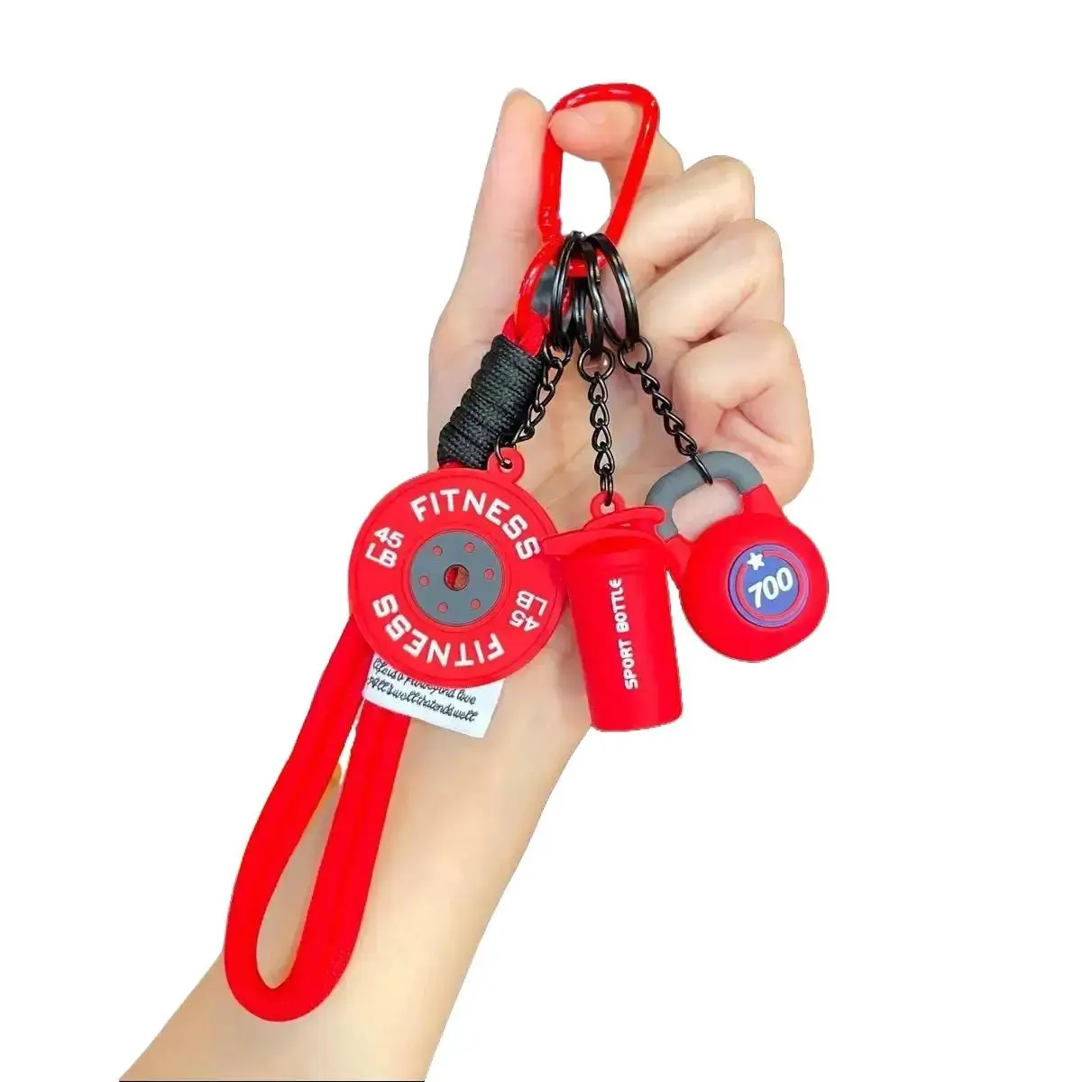 Sports Fitness Keychain Charm Fitness Keyring Barbell & Dumbbell Pendant Keychain With Woven Black White Pink Rope,Barbell & Dumbbell Bag Purse Charm & Jewelry Accessory, Barbell Dumbbell Fitness Gym Keychain Workout Weightlifting Weight Plate Keychain