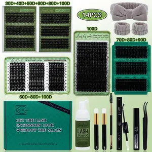 LASHSUN 14PCS BIG KIT, D Curl High Capacity  Mixed Length 8 styles Volume & 3D Effect DIY Eyelash Clusters Kit, Kit with Bond&Seal Lash Remover Lash Brush Headband Wristband Tweezers Lash Shampoo & Brush Makeup Eyelashes Extension