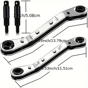 4pcs HVAC Service Wrench Tools: 3/16" To 3/8" 5/16" X 1/4" Air Conditioner Valve Ratchet Wrench With 2 Hexagon Bit Adapter Kit For Air Refrigeration Tools And Equipment Repair Tools Adjustable Wrench