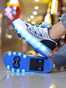 Youth Unisex Roller Skates, Rotating Button Convenience, Glow-In-The-Dark Color-Changing Lights, Breathable Mesh, USB Rechargeable, Four Wheels