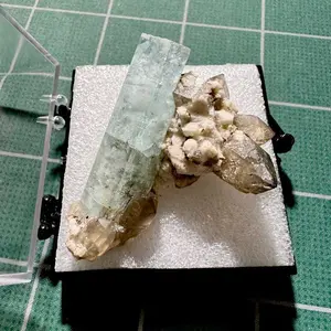 Crystal : Mounted 0268 : Natural Aquamarine on Smoky Quartz and Feldspar, Namibia