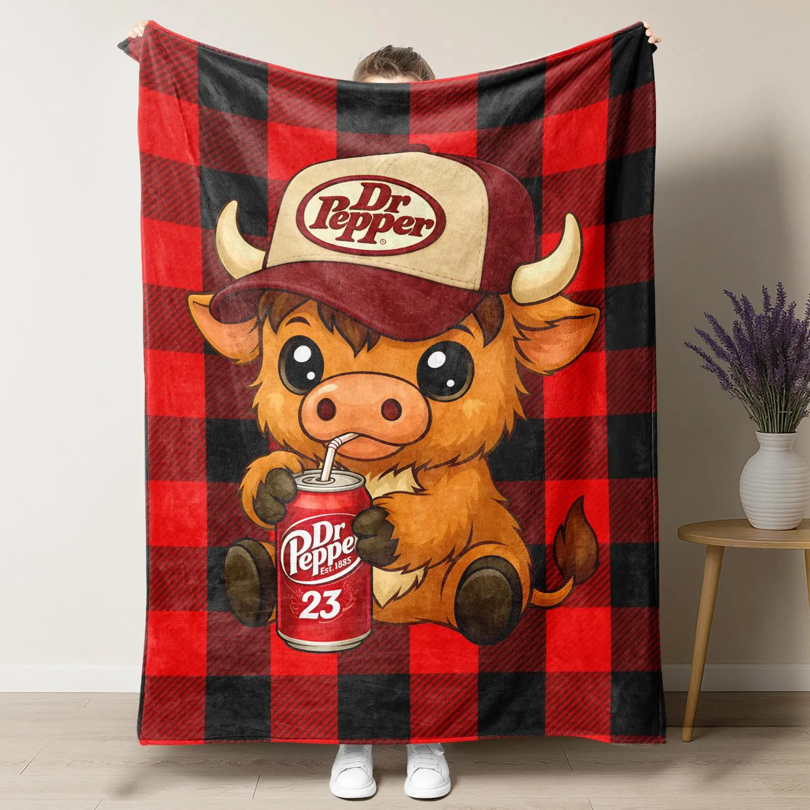 Cute Highland Cow Dr Pepper Cap Red Buffalo Plaid Flannel Blanket | Western Cow Soda Cartoon Cozy Throw Blanket