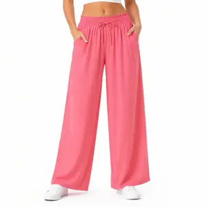 Women's Baggy Linen Pants - Mid Waist, High-Waist Drawstring, Flowy Adjustable, Lightweight Woven, Casual Lounge Bottoms for Daily Wear, Mid Waist Pants, Casual Lounge Pants