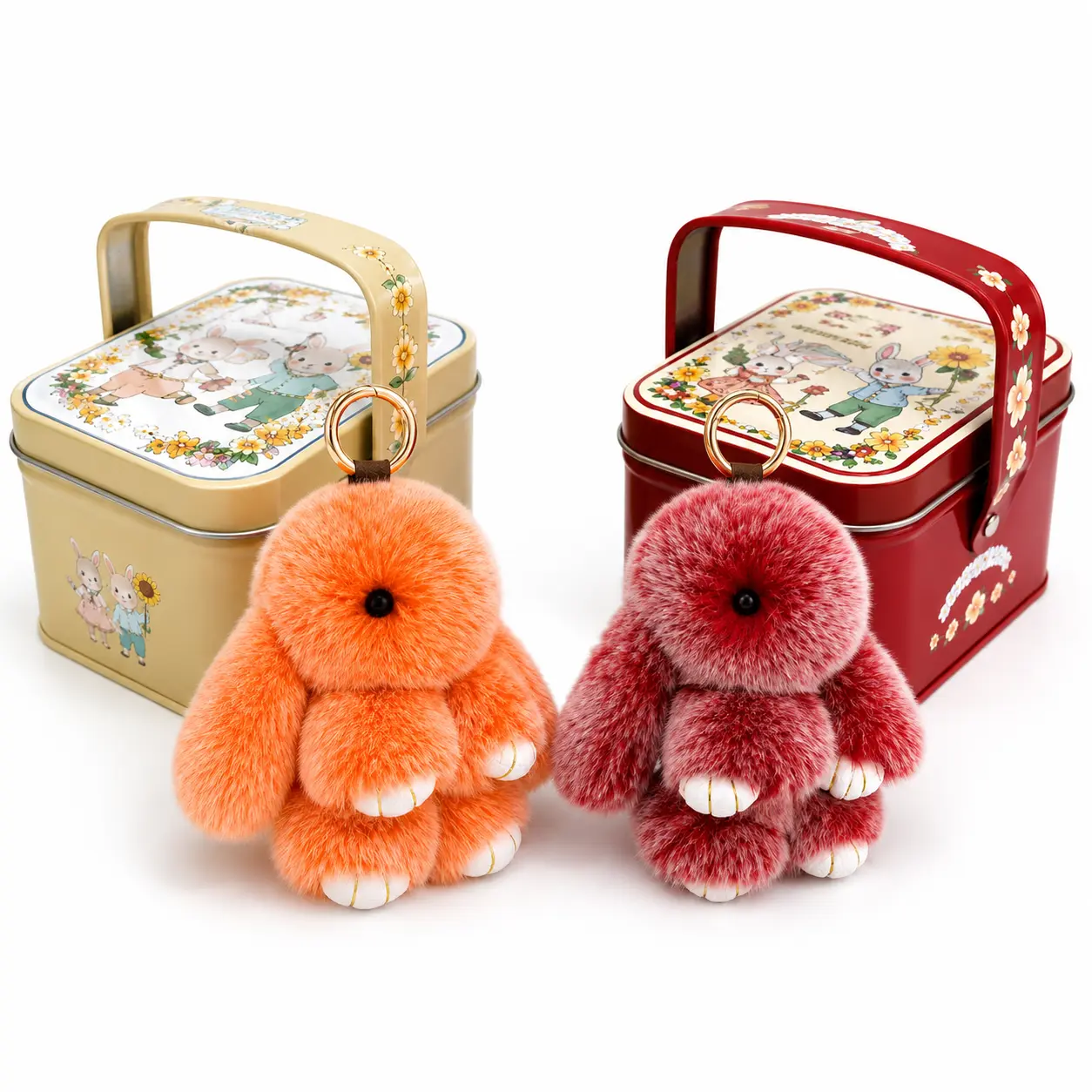 BunnyLulu Fluffy Bunny Keychain with Tin Box, Cute Rabbit Bag Charm for Backpack Purse Keys, Gift for Women Girls