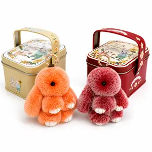 BunnyLulu Fluffy Bunny Keychain with Tin Box, Cute Rabbit Bag Charm for Backpack Purse Keys, Gift for Women Girls