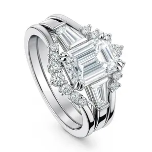 BERRICLE Sterling Silver 3-Stone Wishbone 7-Stone Engagement Rings Statement Stackable Band for Women, 2.1 Carat Emerald Cut Cubic Zirconia CZ Ring Set