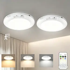 Rechargeable Ceiling Light 2-Pack, 3 Color Modes, Motion Sensor with Remote, Wireless Battery-Operated Magnetic LED Lights for Shower, Closet, Pantry, Shed, Hallway, Porch, Garage