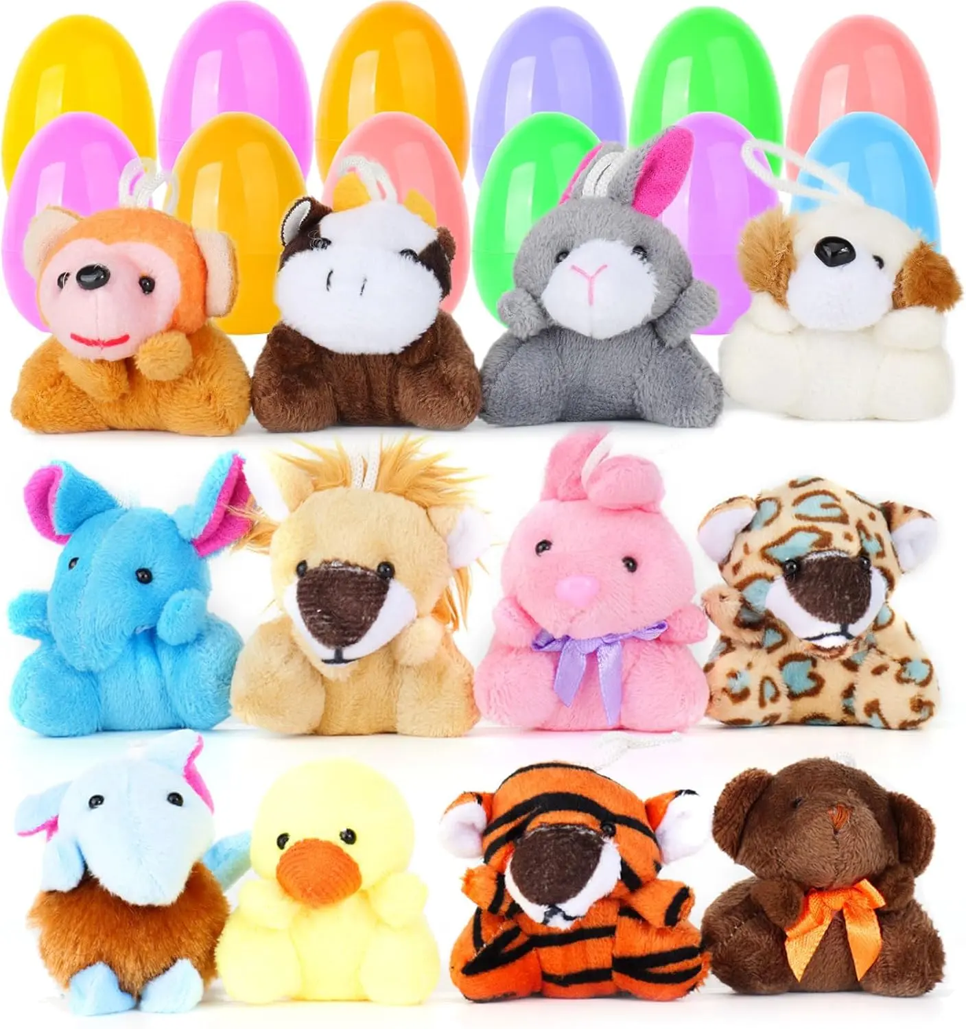 12pack Easter Eggs with Mini Plush Animal Toys Prefilled Easter Eggs Plastic Easter Basket Stuffers Fillers for Kids Toddlers Plastic Easter Eggs Stuffed Animals Gifts Eggs for Easter Egg Hunt Prizes, Colorful Eggs, Prefilled Sets