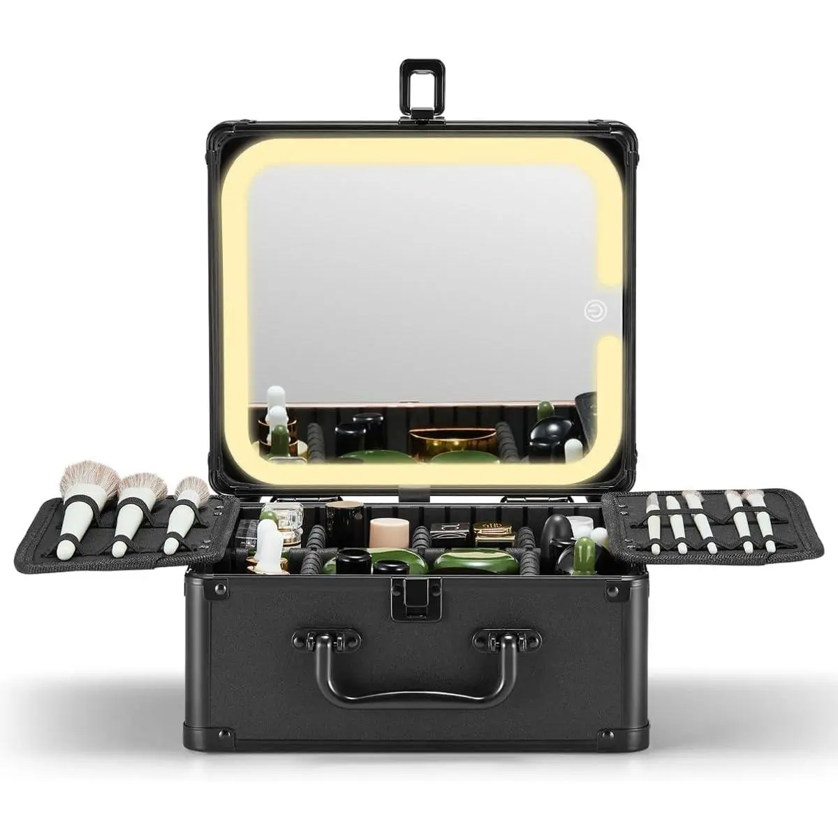 Makeup Box with A Detachable Lighted Mirror, Waterproof Travel Train Case, Cosmetic Organizer and Makeup Suitcase with Adjustable Dividers, Magnetic LED Mirror (Black)
