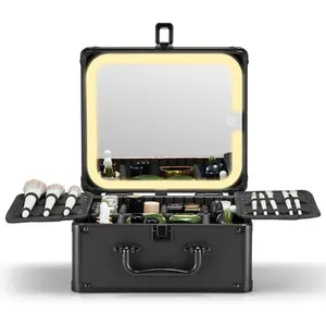 Makeup Box with A Detachable Lighted Mirror, Waterproof Travel Train Case, Cosmetic Organizer and Makeup Suitcase with Adjustable Dividers, Magnetic LED Mirror (Black)
