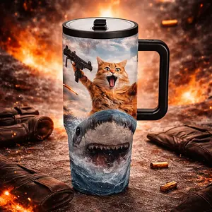 1 Pc 40oz Insulated Mug, Reusable Vacuum Insulated, Double Wall Vacuum Insulation, Leak Proof Large Capacity Mug, Keeps Hot 12 Hours Cold 24 Hours, Funny Cat Riding Shark Design, Tumbler, Handle Lid, Travel Mug Gift for Men Women Drinkware