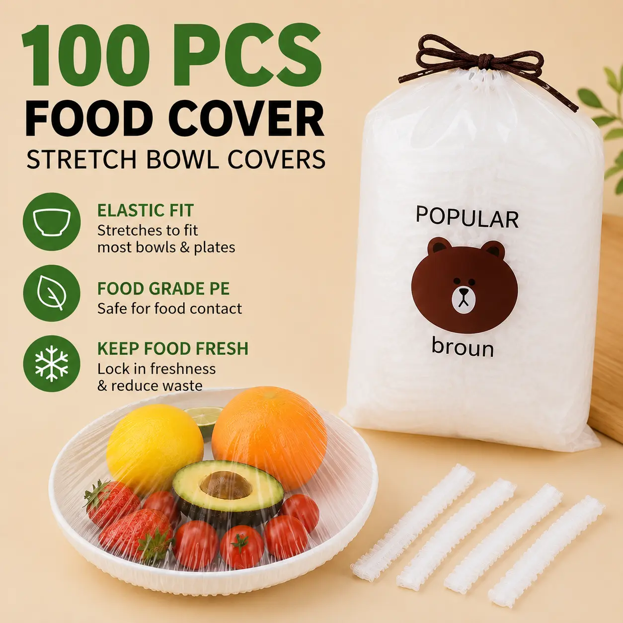 100PCS Disposable Stretch Food Covers, Elastic Kitchen Bowl & Plate Lids, Plastic Wrap Alternative for Food Storage & Leftovers Preservation