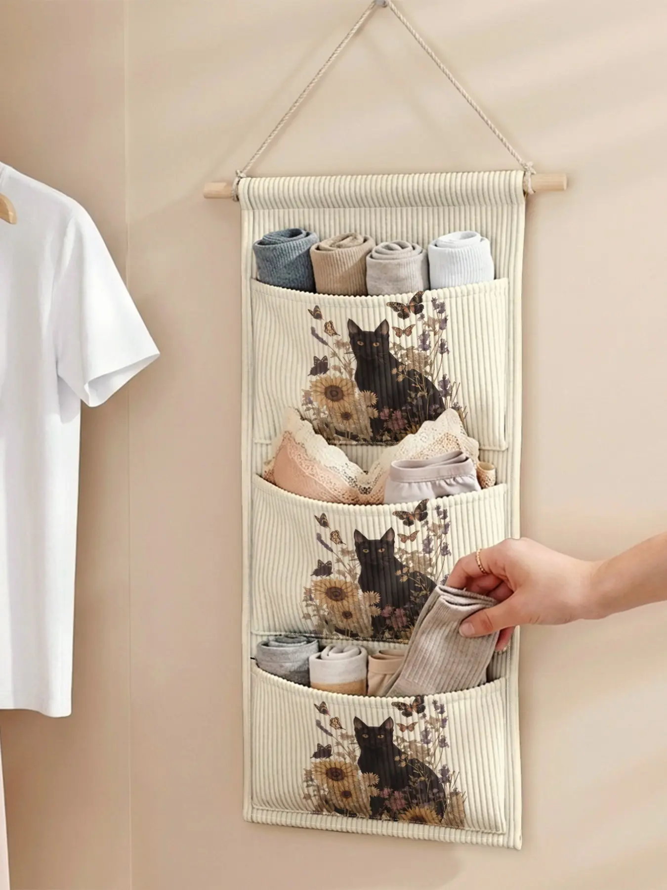 Cat Pattern Hanging Storage Bag, 3-Tier Multi-Compartment Design, Organize Kitchen Tools, Spices, Towels, Small Items, Essential for Renters